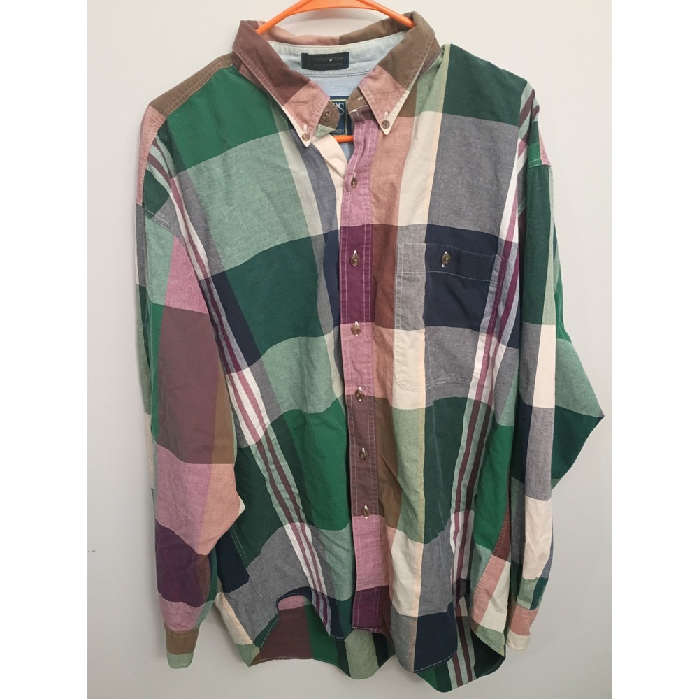 Vintage Chaps Ralph Lauren Plaid Button Down Shirt XL Multi Color Patchwork 90s